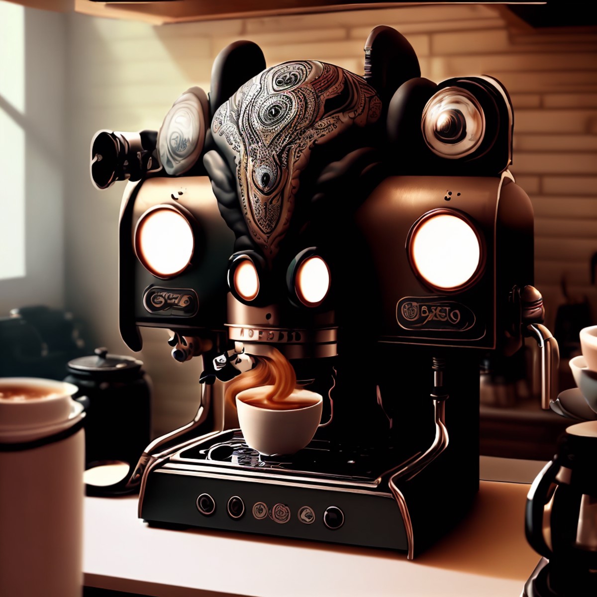 <lora:cthulhuTECH_r1_e15:1> cthulhutech technology coffee maker coffeemaker made of turqoise with eyes on a bench in a kit...